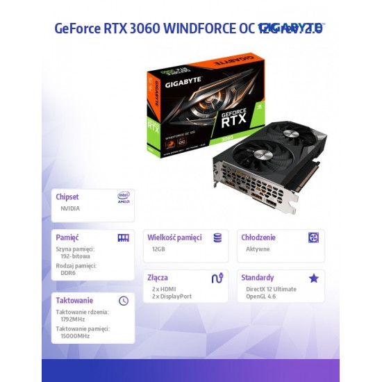 Graphics Card|GIGABYTE|NVIDIA GeForce RTX 3060|12 GB|GDDR6|192 bit|PCIE 4.0 16x|Memory 15000 MHz|GPU 1792 MHz|2xHDMI|2xDisplayPort|GV-N3060WF2OC-12GD2.0