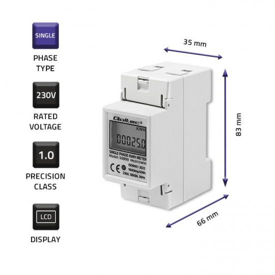 Single phase consumption meter, 230V, DIN rail