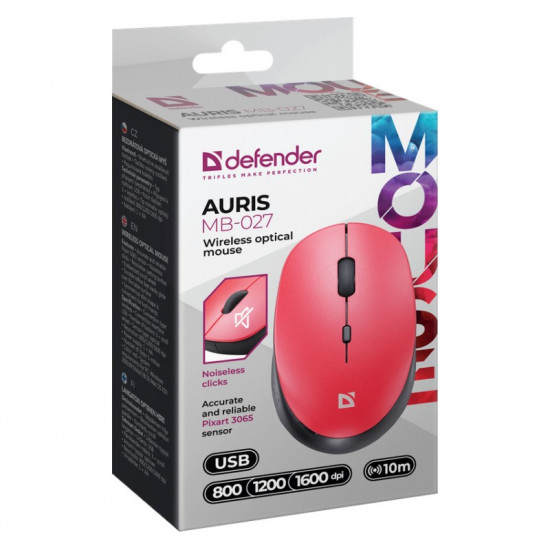 Wireless mouse silent click AURIS MB-027 800/1200/1600 DPI red