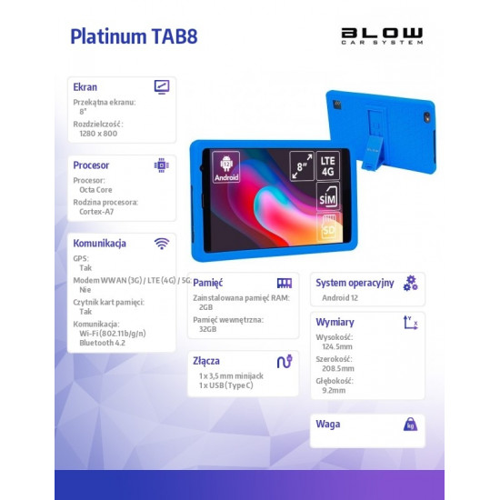 Platinumtab8 4G Tablet + Case Kids Blue