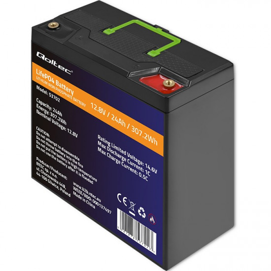 LiFePO4 battery 12.8V, 24Ah, 307.2Wh,BM