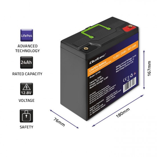 LiFePO4 battery 12.8V, 24Ah, 307.2Wh,BM