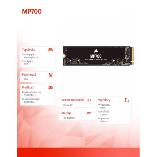 Disc SSD 1TB MP700 Series 9500/8500 MB/s PCIe Gen 5.0 x4 NVMe 2.0