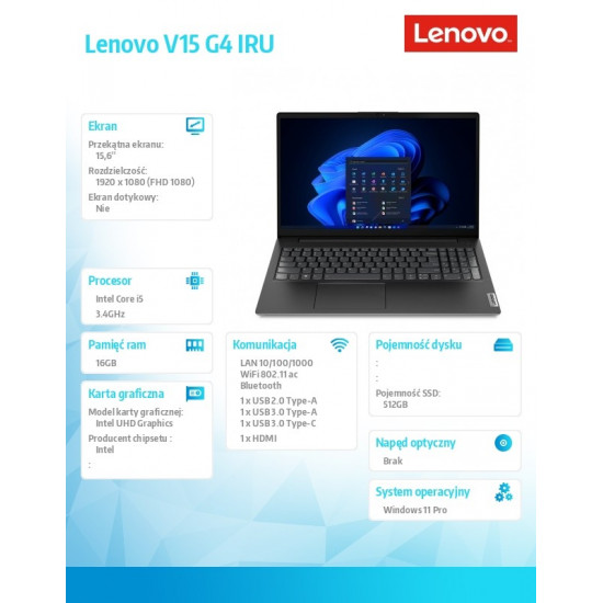 Laptop V15 G4 83A1009LPB W11Pro i5-13420H/16GB/512GB/INT/15.6 FHD/Business Black/3YRS OS 