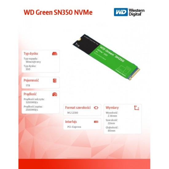 SSD|WESTERN DIGITAL|Green SN350|1TB|M.2|PCIE|NVMe|QLC|Write speed 2500 MBytes/sec|Read speed 3200 MBytes/sec|WDS100T3G0C