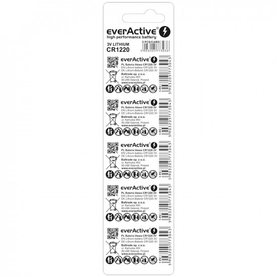 Mini CR1220 lithium batteries blister of 5 pieces