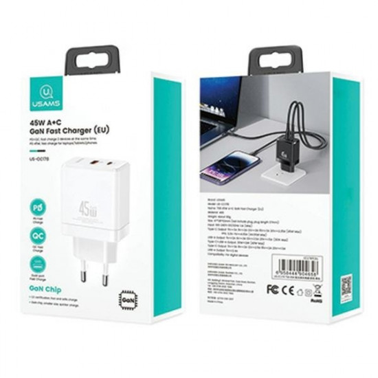 Charging USB-C+USB-A 45W GaN PD 3.0 Fast Whi