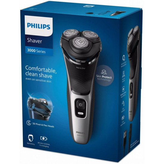 Philips Wet or Dry electric shaver S3143/00, Wet&Dry, PowerCut Blade System, 5D Flex Heads, 60min shaving / 1h charge, 5min Quick Charge