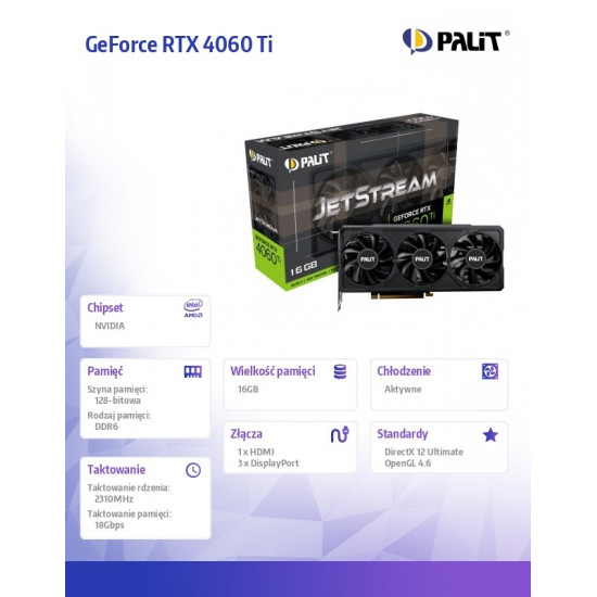 Graphics Card|PALIT|NVIDIA GeForce RTX 4060 Ti|16 GB|GDDR6|128 bit|PCIE 4.0 16x|GPU 2310 MHz|Triple slot Fansink|1xHDMI|3xDisplayPort|NE6406T019T1-1061J