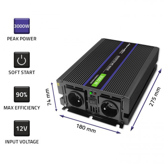 QOLTEC 51927 Monolith voltage converter 3000 MS Wave / 12V to 230V / 1500/3000 / USB