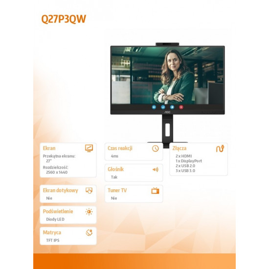 Monitor Q27P3QW 27 inch IPS HDMI DP Pivot Camera