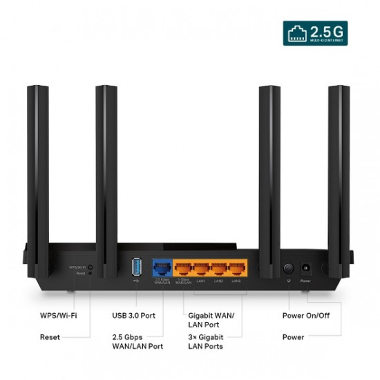 Wireless Router|TP-LINK|Wireless Router|3000 Mbps|Wi-Fi 6|IEEE 802.11a|IEEE 802.11 b/g|IEEE 802.11n|IEEE 802.11ac|IEEE 802.11ax|USB 3.0|3x10/100/1000M|1x2.5GbE|LAN WAN ports 1|Number of antennas 4|ARCHERAX55PRO