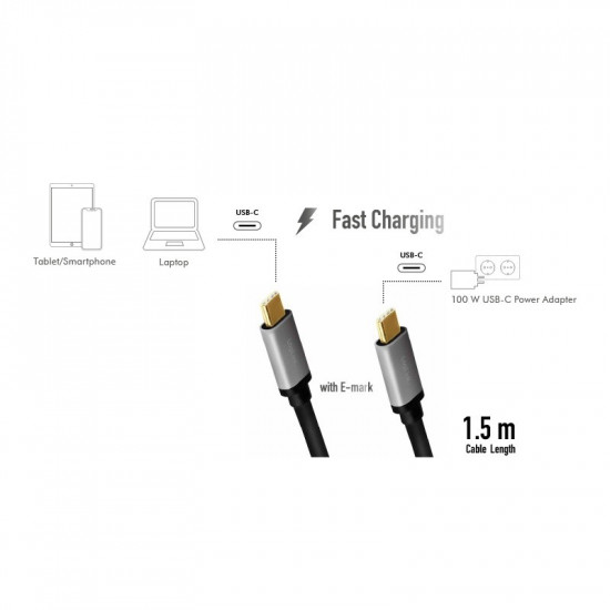 USB-C M/M cable, PD, alu, 1.5m