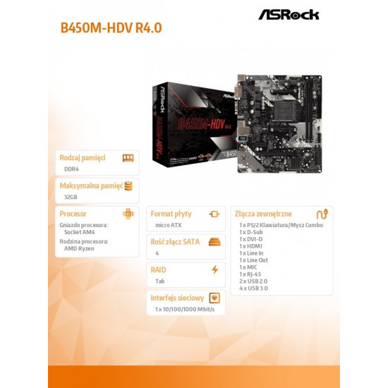 Motherboard B450M-HDV R4.0 AM4 2DDR4 VGA/DVI/HDMI/M.2 uATX