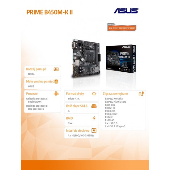 Motherboard PRIME B450M-K II AM4 2D DR4 DVI/DSUB/USB3.1/M.2 mATX