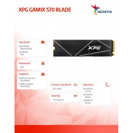 SSD|ADATA|XPG GAMMIX S70|2TB|M.2|PCIe Gen4|3D NAND|Write speed 6400 MBytes/sec|Read speed 7400 MBytes/sec|TBW 1480 TB|MTBF 2000000 hours|AGAMMIXS70B-2T-CS