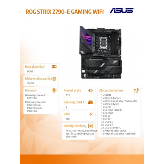 Mainboard|ASUS|Intel Z790|LGA1700|ATX|Memory DDR5|Memory slots 4|1xPCI-Express 3.0 1x|2xPCI-Express 4.0 16x|1xPCI-Express 5.0 16x|5xM.2|1xHDMI|1xDisplayPort|10xUSB 3.2|2xUSB-C|1xOptical S/PDIF|1xRJ45|5xAudio port|ROGSTRIXZ790-EGAMWIFI