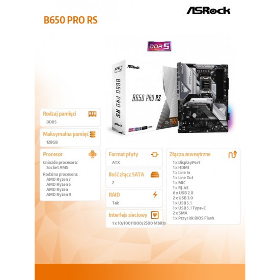 B650 PRO RS AM5 4DDR5 HDMI M.2 DP USB3.2 ATX