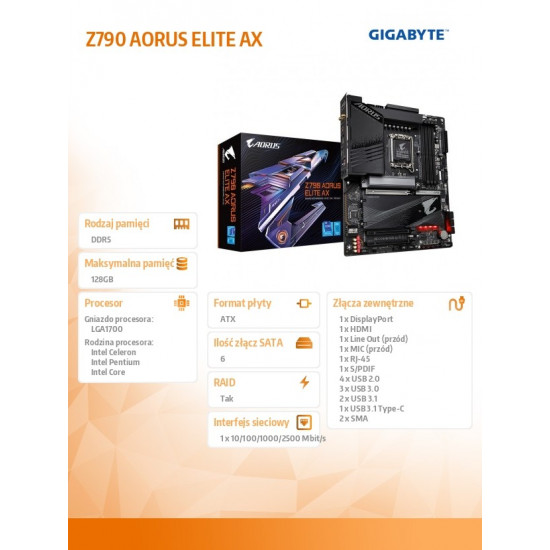 Mainboard|GIGABYTE|Intel Z790|LGA1700|ATX|Memory DDR5|Memory slots 4|1xPCI-Express 3.0 16x|1xPCI-Express 4.0 16x|1xPCI-Express 5.0 16x|4xM.2|1xHDMI|1xDisplayPort|4xUSB 2.0|5xUSB 3.2|1xUSB-C|1xOptical S/PDIF|1xRJ45|2xAudio port|Z790AORUSELITEAX1.1