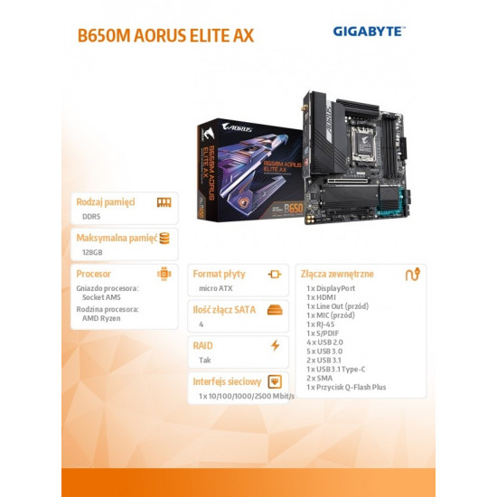 Motherboard B650M AORUS ELITE AX AM5 4DDR5 HDMI/DP mATX