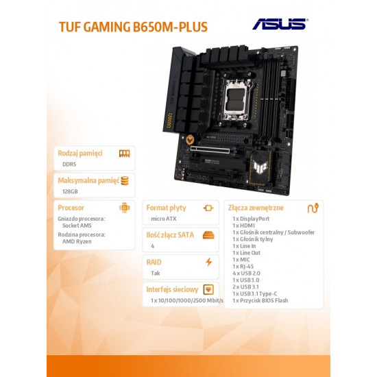 Mainboard|ASUS|AMD B650|SAM5|MicroATX|Memory DDR5|Memory slots 4|1xPCI-Express 4.0 1x|2xPCI-Express 4.0 16x|2xM.2|1xHDMI|1xDisplayPort|4xUSB 2.0|3xUSB 3.2|1xUSB-C|1xRJ45|5xAudio port|TUFGAMINGB650M-PLUS