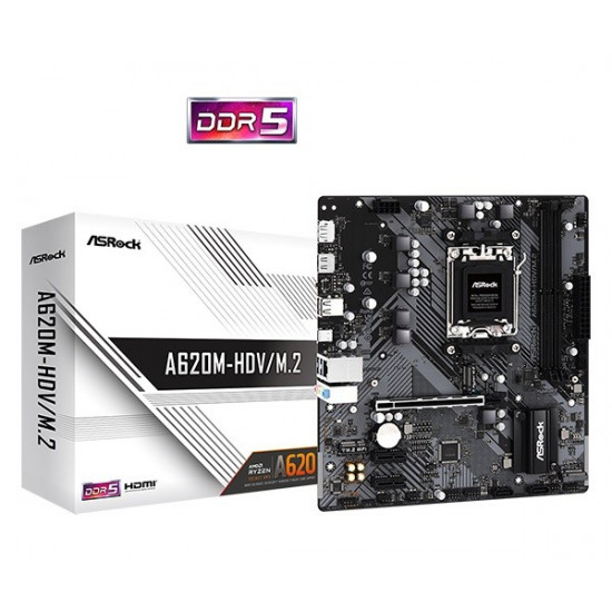 Mainboard|ASROCK|AMD A620|SAM5|Micro-ATX|Memory DDR5|Memory slots 2|2xPCI-Express 3.0 1x|1xPCI-Express 4.0 16x|2xM.2|1xHDMI|1xDisplayPort|2xUSB 2.0|2xUSB 3.2|1xUSB-C|1xRJ45|3xAudio port|A620M-HDV/M.2