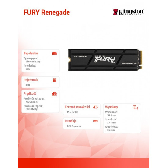 SSD|KINGSTON|FURY|1TB|M.2|PCIE|NVMe|3D TLC|Write speed 6000 MBytes/sec|Read speed 7300 MBytes/sec|MTBF 1800000 hours|SFYRSK/1000G