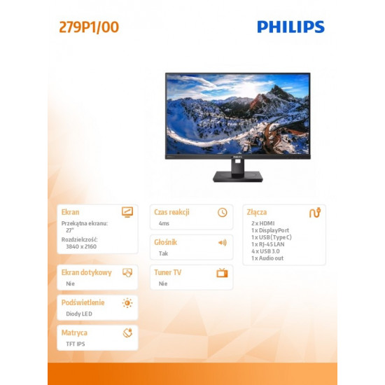 Monitor 279P1 27 inch IPS 4K HDMIx2 DP USB-C Pivot