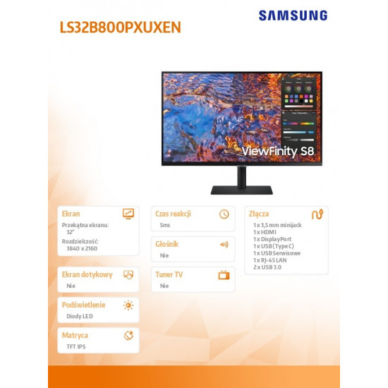 Monitor 32 cale ViewFinity S80PX IPS 3840x2160 UHD 16:9 1xHDMI 1xDP 1xUSB-C (90W) 3xUSB 3.0 LAN 5ms PinP/PbyP 60Hz HAS+PIV płaski 3YOn-Site