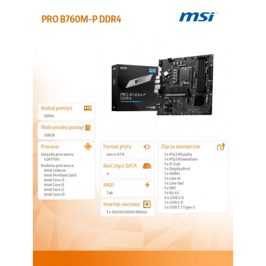 Motherboard PRO B760M-P DDR4 s1700 4DDR4 DP/HDMI 2M.2 mATX