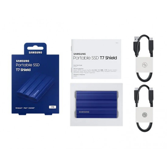 SAMSUNG T7 Shield Ext SSD 1000 GB USB-C blue 1050/1000 MB/s 3 yrs, included USB Type C-to-C and Type C-to-A cables, Rugged storage featuring IP65 rated dust and water resistance and up to 3-meter drop resistant