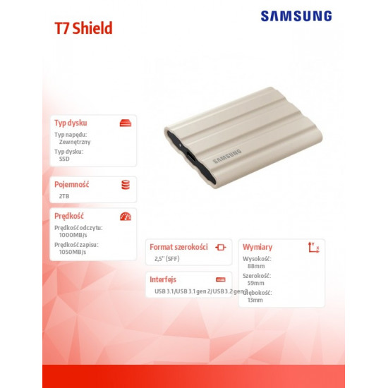 Drive SSD T7 Shield 2TB USB 3.2, beige