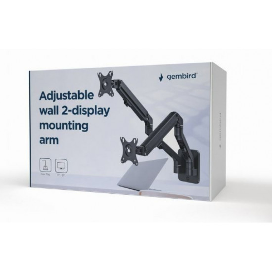 Adjustable wall 2-display mounting arm, 17 inches-27 inches, up to 7 kg