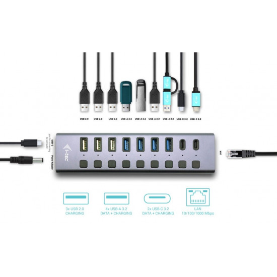 Hub USB 3.0/USB-C 9 ports LAN + Power Adapter 60W