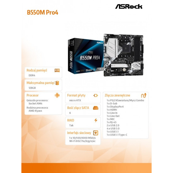 Motherboard B550M Pro4 AM4 4DDR4 HDMI/DP/D-SUB M.2 mATX