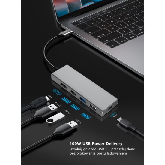 Adapter HUB USB C 7in1 - HDMI, USBx3, PD, SD/TF 