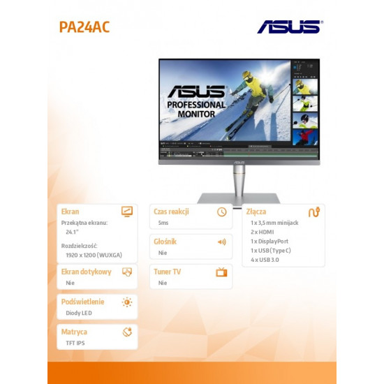 Monitor 24 inch PA24AC ProArt WUXGA IPS 100% sRGB 1200cd/m2 500:1 HDMI USB-C DP PIVOT Speaker PIP PBP 