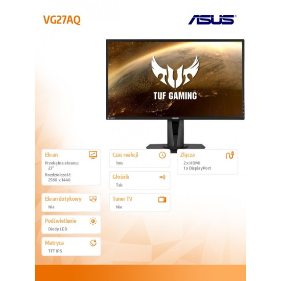 Monitor 27 inch VG27AQ WQHD IPS HDMI DP 1ms 155Hz