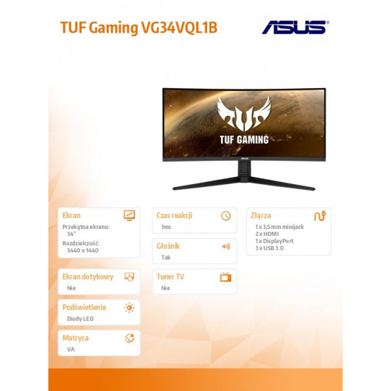 Monitor 34 inch VG34VQL1B UWQHD 21:9 1500R 165Hz 1ms HDMIx2 DPx2 USB3.1x4 Speaker PBP PIP