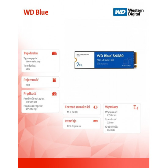 WD Blue SSD 2TB SN580 NVMe M.2 PCIe Gen4