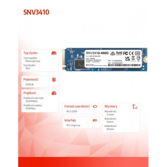 SYNOLOGY SNV3410 400GB M.2 NVMe SSD PCIe 3.0 x4 3000MB/s read 750MB/s write