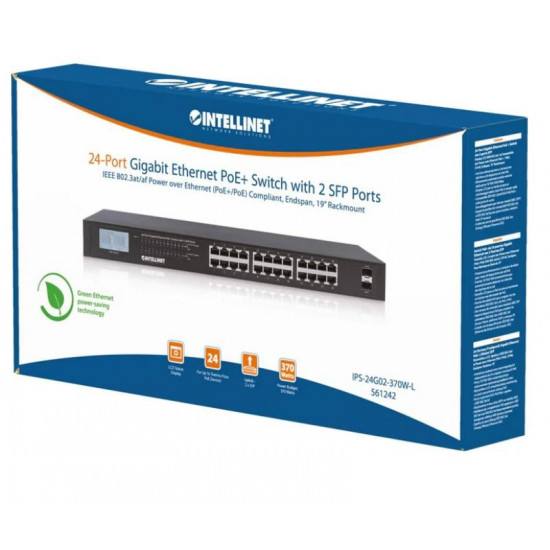 Switch Gigabit 24x RJ45 PoE+, 2x SFP, LCD 