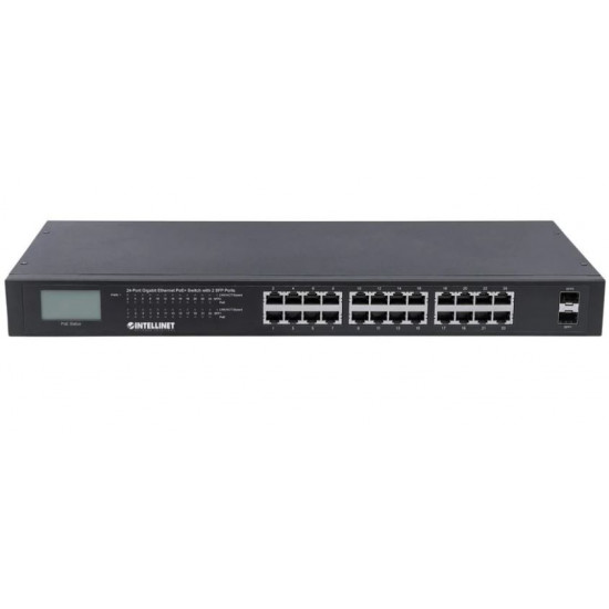 Switch Gigabit 24x RJ45 PoE+, 2x SFP, LCD 