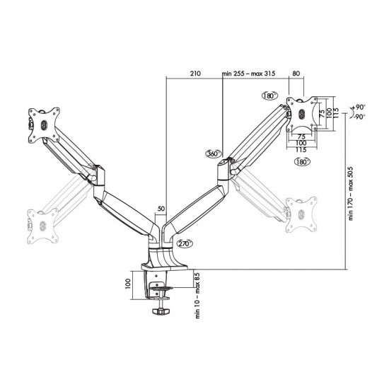 Dual monitor mount, 13-27, 2x9kg. max