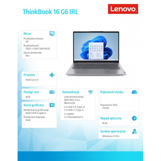 Laptop ThinkBook 16 G6 21KH0078PB W11Pro i3-1315U/8GB/512GB/INT/16.0 WUXGA/Arctic Grey/3YRS OS + CO2 Offset