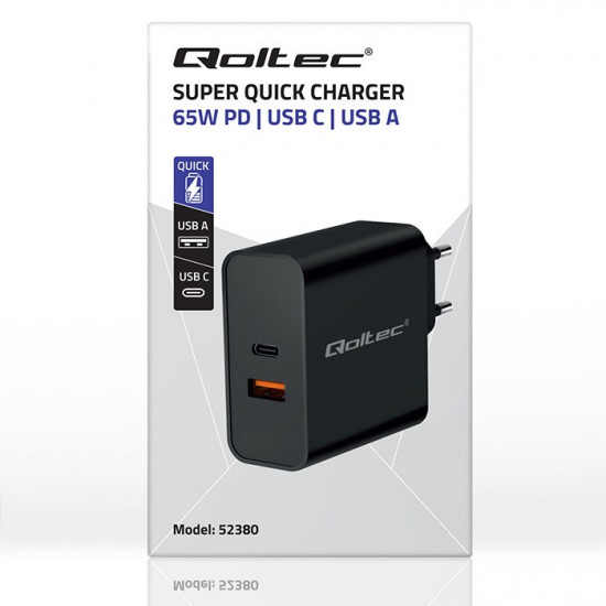 Super Quick PD charger 1xUSB C, 1xUSB, 65W