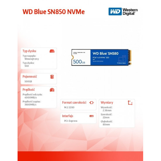 SSD drive WD Blue 500GB SN850 NVMe M.2 PCIe Gen4 2280