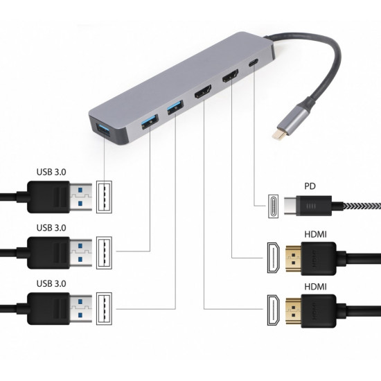 Adapter USB-C Hub USB-C PD HDMI x2 USB 3.0x3 