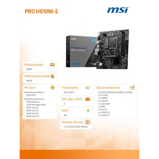 MSI PRO H610M-E Intel H610 LGA1700 2XDDR5 VGA HDMI Matx