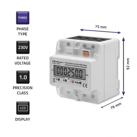 Three-phase electronic meter | energy consumption meter on DIN rail | 400V | LCD | 4P